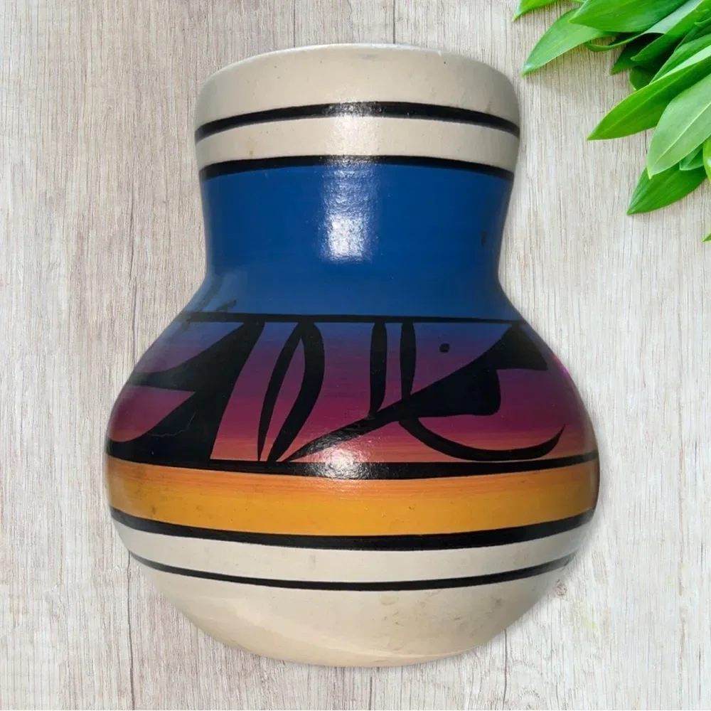 Vintage Signed Indian Colorful Rainbow Sunset Clay Art Jar